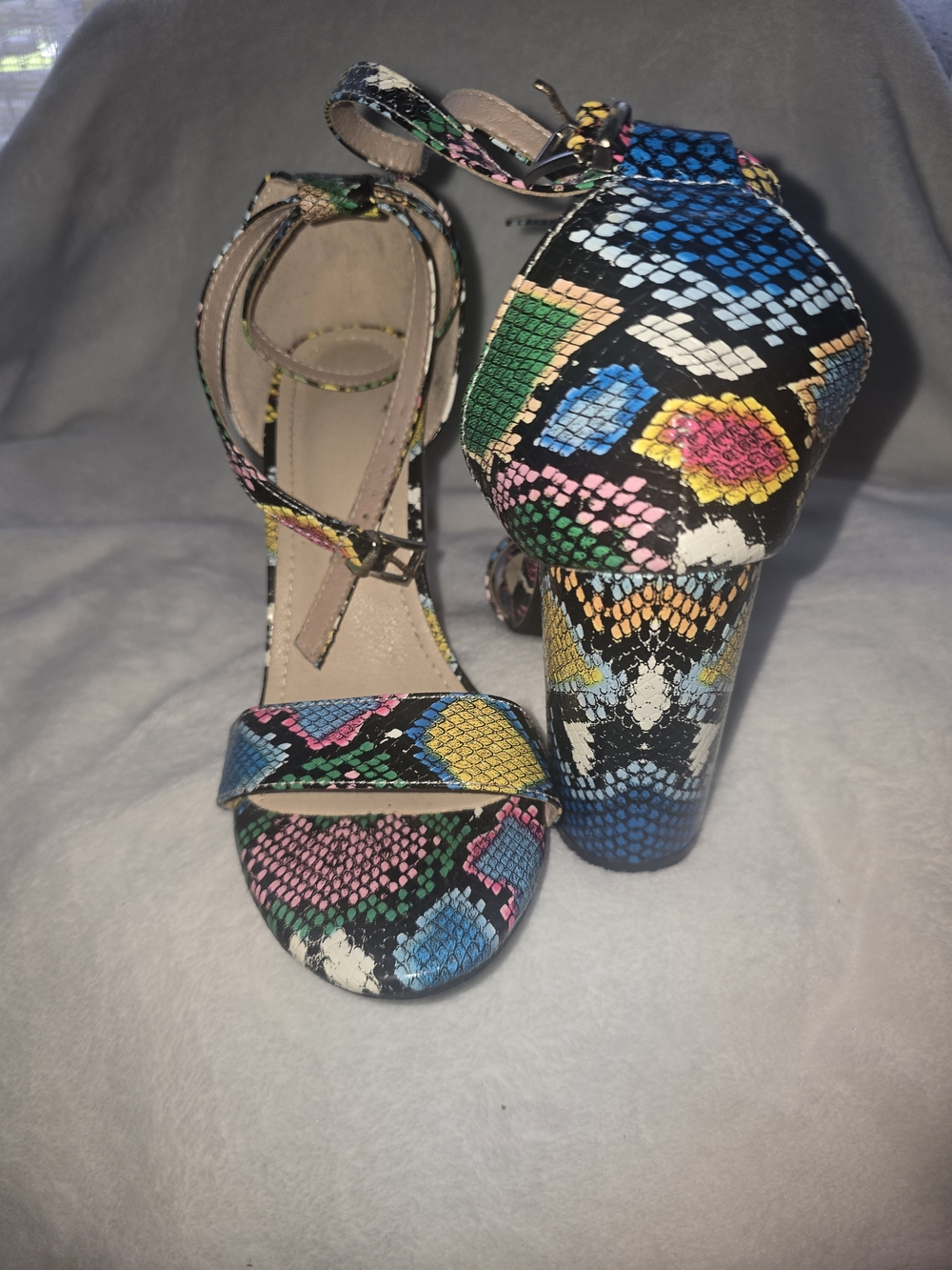 Multi-Color Snake Print Block Heel Sandals - Women's Ankle Strap